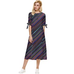 Dark Multicolored Striped Print Design Dark Multicolored Striped Print Design Bow Sleeve Chiffon Midi Dress by dflcprintsclothing