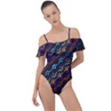 Dark Multicolored Mosaic Pattern Frill Detail One Piece Swimsuit View1