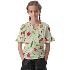 Seamless Pattern With Vegetables  Delicious Vegetables Kids  V-neck Horn Sleeve Blouse by SychEva