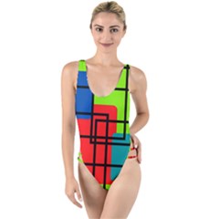 Colorful Rectangle Boxes High Leg Strappy Swimsuit by Magicworlddreamarts1