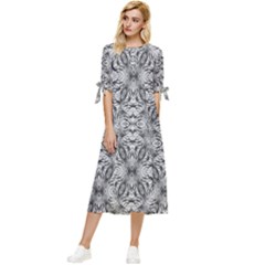 Black And White Ornate Pattern Bow Sleeve Chiffon Midi Dress by dflcprintsclothing