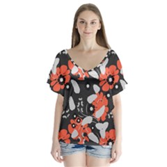 Folk Flowers Art Pattern Floral   V-neck Flutter Sleeve Top by Eskimos