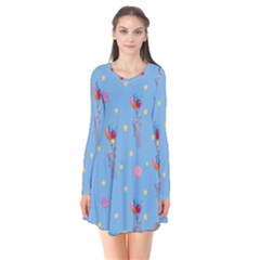 Baby Elephant Flying On Balloons Long Sleeve V-neck Flare Dress by SychEva