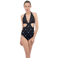 Black And White Funny Monster Print Pattern Halter Front Plunge Swimsuit by dflcprintsclothing