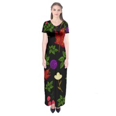 Golden Autumn, Red-yellow Leaves And Flowers  Short Sleeve Maxi Dress by Daria3107