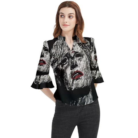 Creepy Head Sculpture Artwork Loose Horn Sleeve Chiffon Blouse by dflcprintsclothing