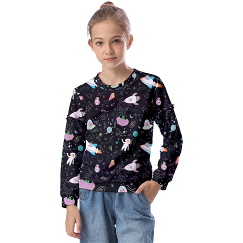 Funny Astronauts, Rockets And Rainbow Space Kids  Long Sleeve Tee With Frill  by SychEva