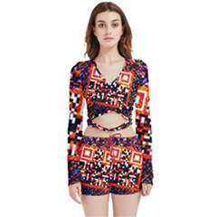 Root Humanity Bar And Qr Code In Flash Orange And Purple Velvet Wrap Crop Top And Shorts Set by WetdryvacsLair