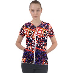 Root Humanity Bar And Qr Code In Flash Orange And Purple Short Sleeve Zip Up Jacket by WetdryvacsLair