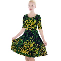 Root Humanity Bar And Qr Code Green And Yellow Doom Quarter Sleeve A-line Dress by WetdryvacsLair