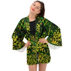 Root Humanity Bar And Qr Code Green And Yellow Doom Long Sleeve Kimono by WetdryvacsLair