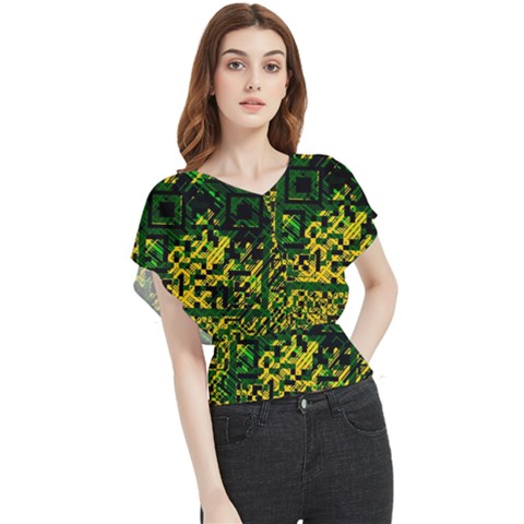 Root Humanity Bar And Qr Code Green And Yellow Doom Butterfly Chiffon Blouse by WetdryvacsLair