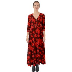 Red Oak And Maple Leaves Button Up Boho Maxi Dress by Daria3107