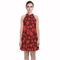 Red Oak And Maple Leaves Velvet Halter Neckline Dress  by Daria3107