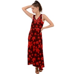 Red Oak And Maple Leaves V-neck Chiffon Maxi Dress by Daria3107