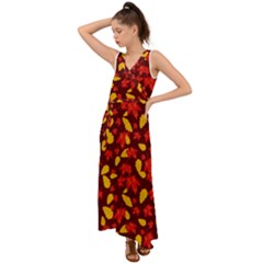 Autumn Pattern,oak And Maple On Burgundy V-neck Chiffon Maxi Dress by Daria3107