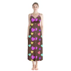 Colorfull Hearts On Choclate Button Up Chiffon Maxi Dress by Daria3107