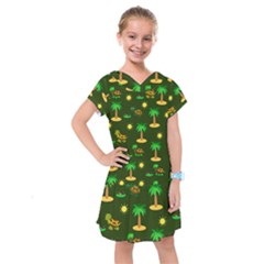 Turtle And Palm On Green Pattern Kids  Drop Waist Dress by Daria3107