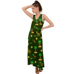 Turtle And Palm On Green Pattern V-neck Chiffon Maxi Dress by Daria3107