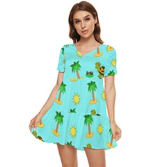 Turtle And Palm On Blue Pattern Tiered Short Sleeve Mini Dress by Daria3107