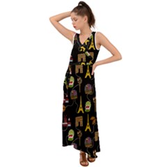 Paris Street Pattern On Black V-neck Chiffon Maxi Dress by Daria3107