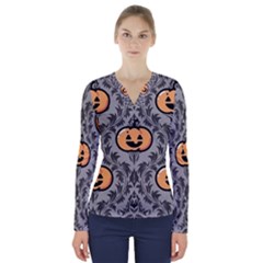 Pumpkin Pattern V-neck Long Sleeve Top by NerdySparkleGoth