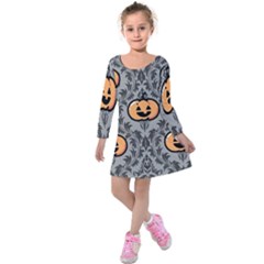 Pumpkin Pattern Kids  Long Sleeve Velvet Dress by NerdySparkleGoth