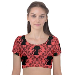 Cat Pattern Velvet Short Sleeve Crop Top  by NerdySparkleGoth