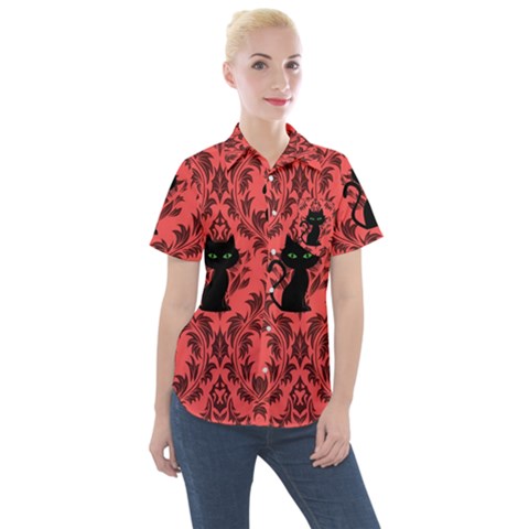 Cat Pattern Women s Short Sleeve Pocket Shirt by NerdySparkleGoth