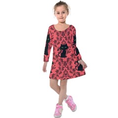 Cat Pattern Kids  Long Sleeve Velvet Dress by NerdySparkleGoth