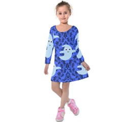 Ghost Pattern Kids  Long Sleeve Velvet Dress by NerdySparkleGoth