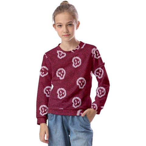 White Skulls On Red Shiny Background Kids  Long Sleeve Tee With Frill  by SychEva