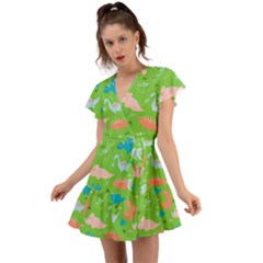 Funny Dinosaur Flutter Sleeve Wrap Dress by SychEva