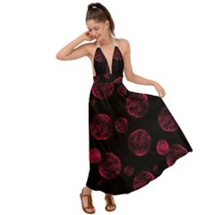 Red Sponge Prints On Black Background Backless Maxi Beach Dress by SychEva