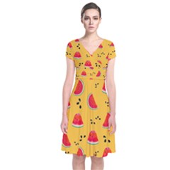 Slices Of Juicy Red Watermelon On A Yellow Background Short Sleeve Front Wrap Dress by SychEva