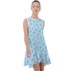 Cute Kawaii Dogs Pattern At Sky Blue Frill Swing Dress by Casemiro