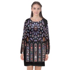 Chartres-cathedral-notre-dame-de-paris-amiens-cath-stained-glass Long Sleeve Chiffon Shift Dress  by Sudhe