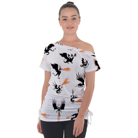 Dragon-phoenix-fire-bird-ancient Off Shoulder Tie-up Tee by Sudhe