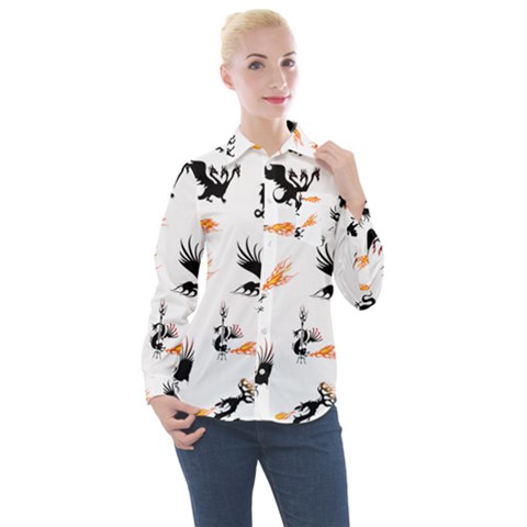 Dragon-phoenix-fire-bird-ancient Women s Long Sleeve Pocket Shirt by Sudhe