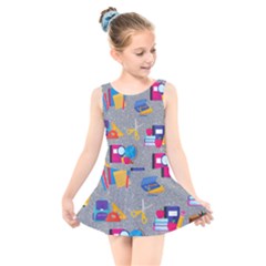 80s And 90s School Pattern Kids  Skater Dress Swimsuit by NerdySparkleGoth