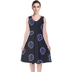 Purple Skulls On Dark Background V-neck Midi Sleeveless Dress  by SychEva