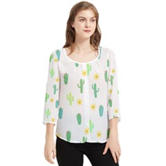 Green Cacti With Sun Chiffon Quarter Sleeve Blouse by SychEva