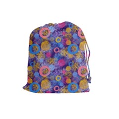 Multicolored Splashes And Watercolor Circles On A Dark Background Drawstring Pouch (large) by SychEva