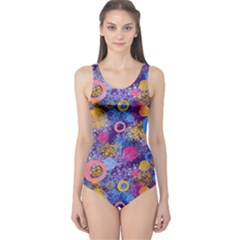 Multicolored Splashes And Watercolor Circles On A Dark Background One Piece Swimsuit by SychEva