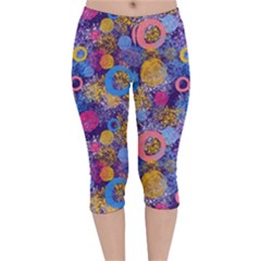 Multicolored Splashes And Watercolor Circles On A Dark Background Velvet Capri Leggings  by SychEva