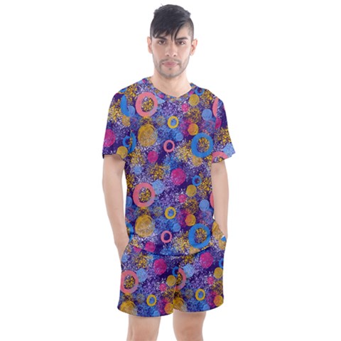 Multicolored Splashes And Watercolor Circles On A Dark Background Men s Mesh Tee And Shorts Set by SychEva