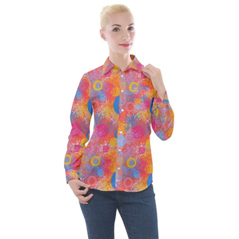 Multicolored Splashes And Watercolor Circles On A Dark Background Women s Long Sleeve Pocket Shirt by SychEva