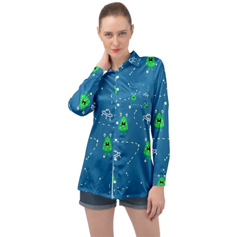 Funny Aliens With Spaceships Long Sleeve Satin Shirt by SychEva