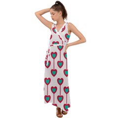 Red Hearts On A White Background V-neck Chiffon Maxi Dress by SychEva