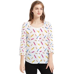 Multicolored Pencils And Erasers Chiffon Quarter Sleeve Blouse by SychEva